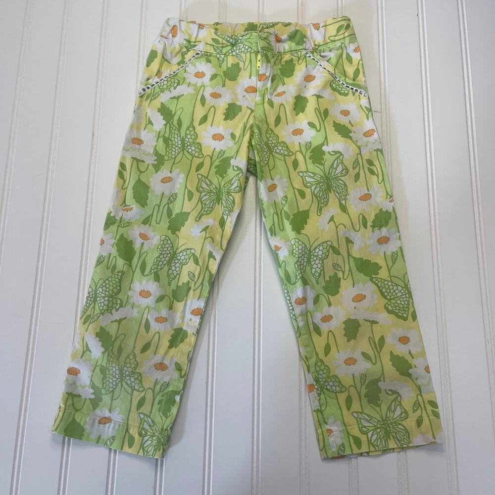 Lilly Pulitzer Butterfly Floral Green Pants Adjustable Waist Size Girls 6